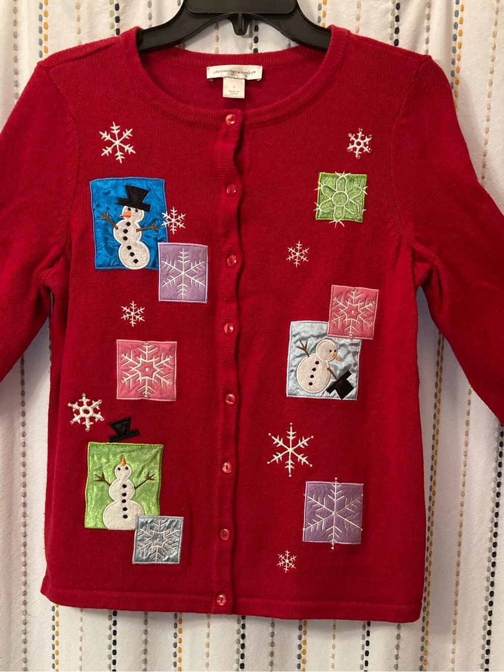 Christopher & Banks Red Embroidered Snowman Cardigan Christmas